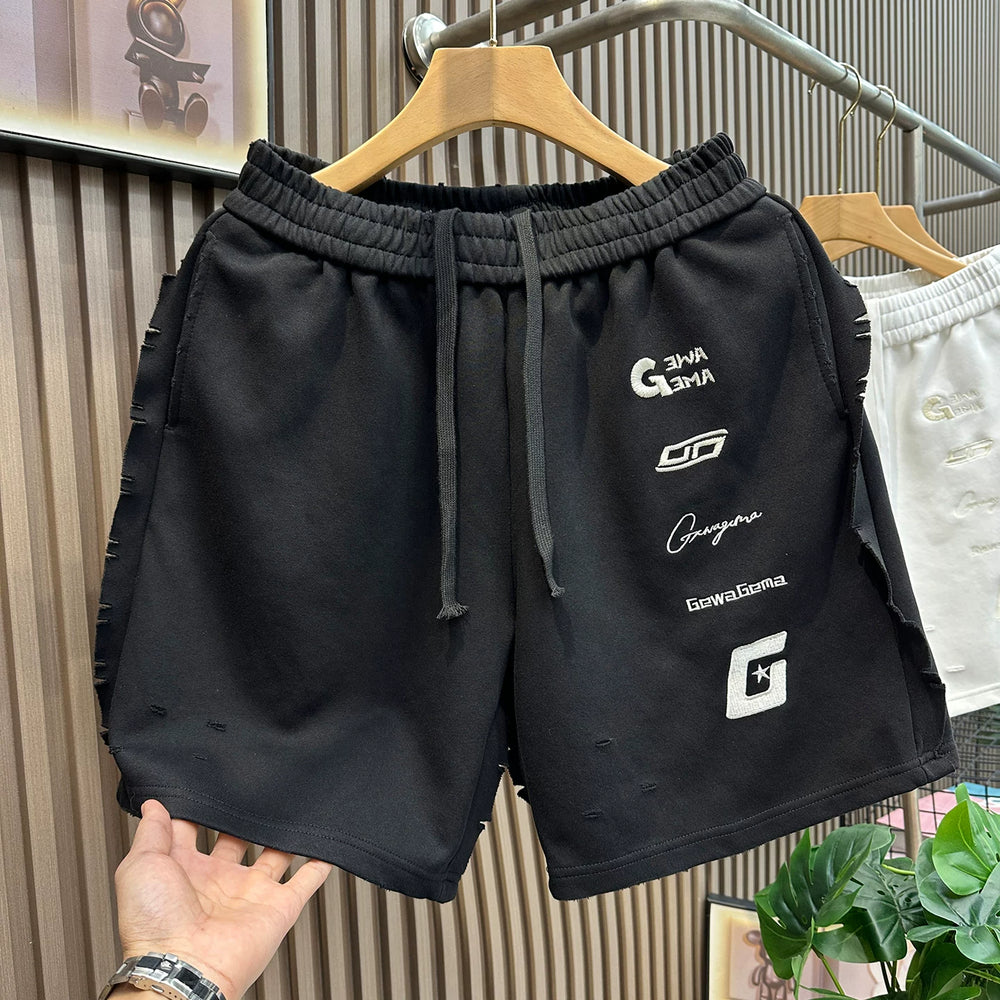 American style embroidered loose shorts for men, 2026 summer fashion casual shorts, trendy brand perforated beach five quarter pants