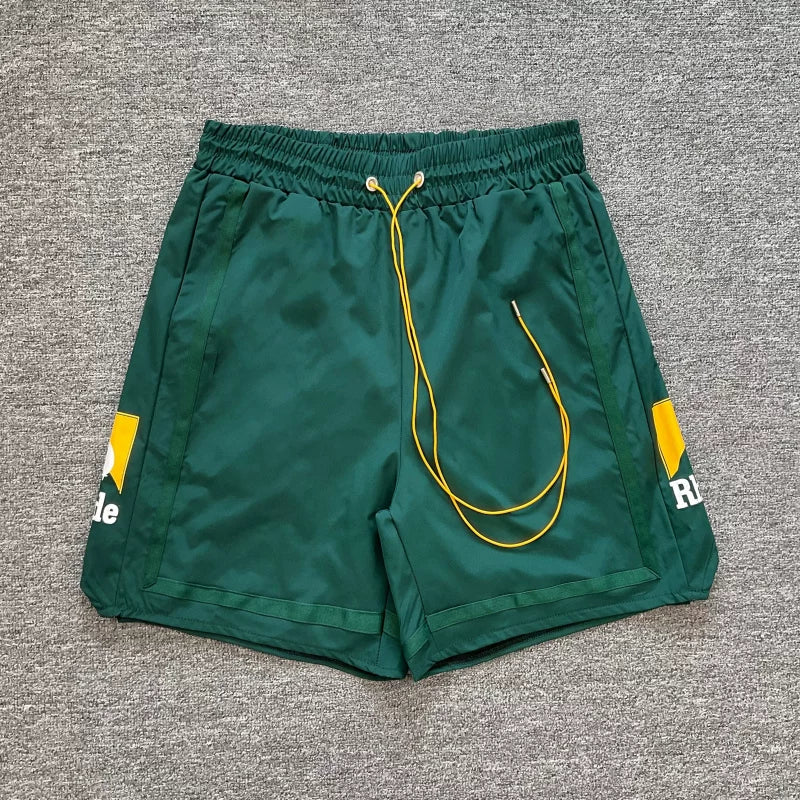 RHUDE Reflective Trim Logo Athletic Shorts - Forest Green / Yellow