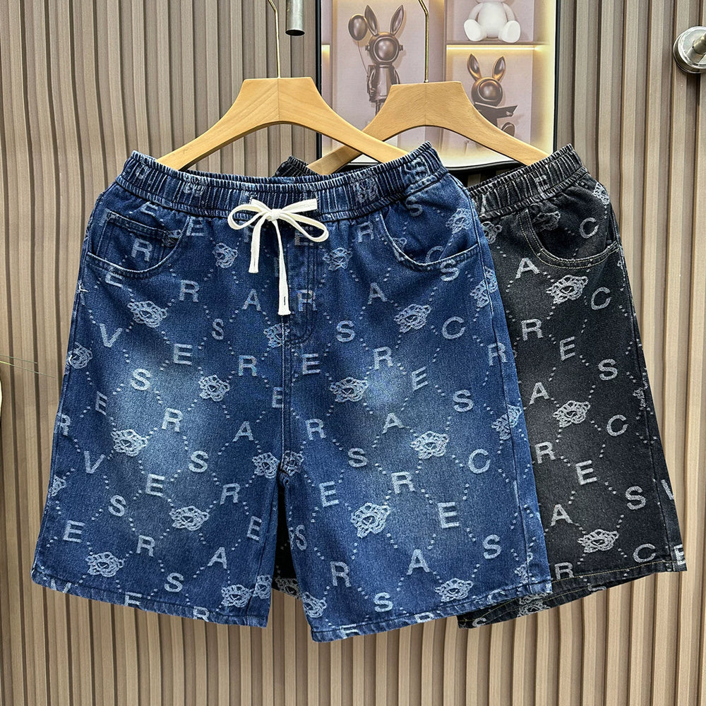 High end luxury jacquard denim shorts for men's summer drawstring loose five quarter pants for men's casual trendy pants 2026 new style