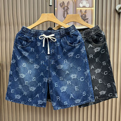 High end luxury jacquard denim shorts for men's summer drawstring loose five quarter pants for men's casual trendy pants 2026 new style