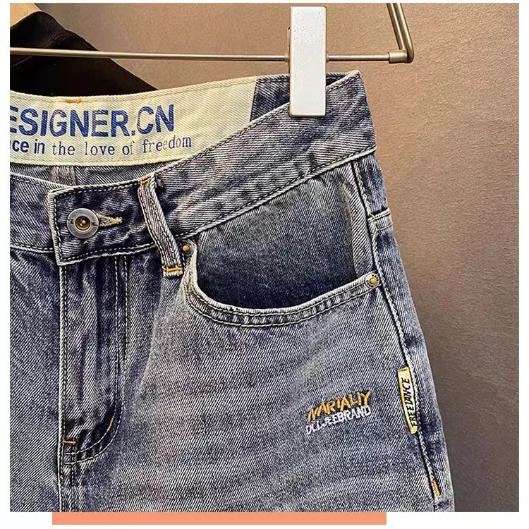 Summer casual shorts men's plus size light colored cotton five quarter jeans trendy embroidery high-end men's straight leg shorts