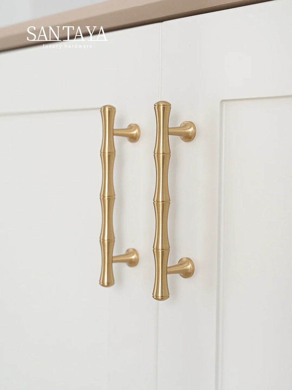 Santaya Solid Brushed Brass Handle Bamboo Kitchen Cabinet Pull Wardrobe Drawer Knob