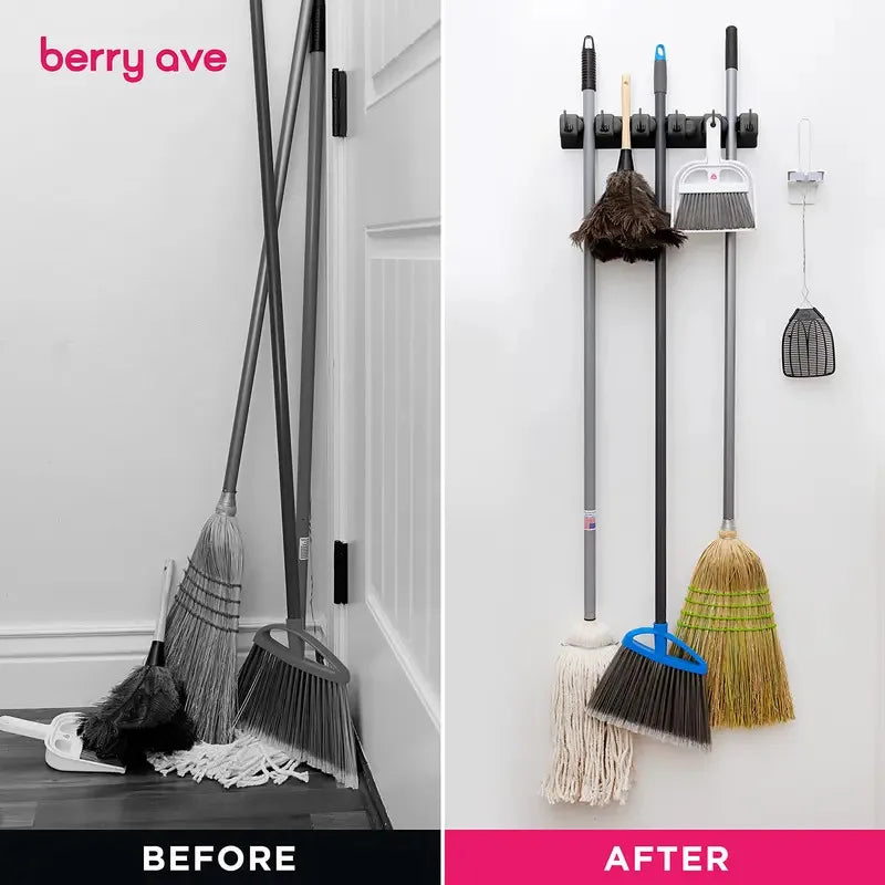 Wall Mounted Mop Holder Broom Hanger 3/4/5 Position Multi-Functional Black Magic Plastic Storage Rack for Home Kitchen Bathroom