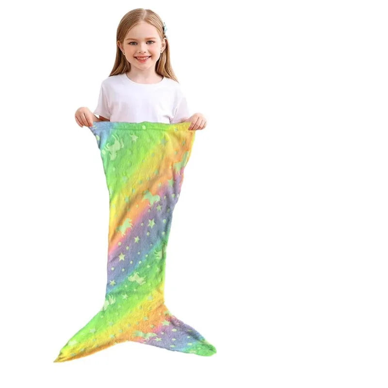 New Night Glow Mermaid Tail Blanket Soft Flannel Fleece Wearable Companion  Cute Kids Blankets  for All Seasons