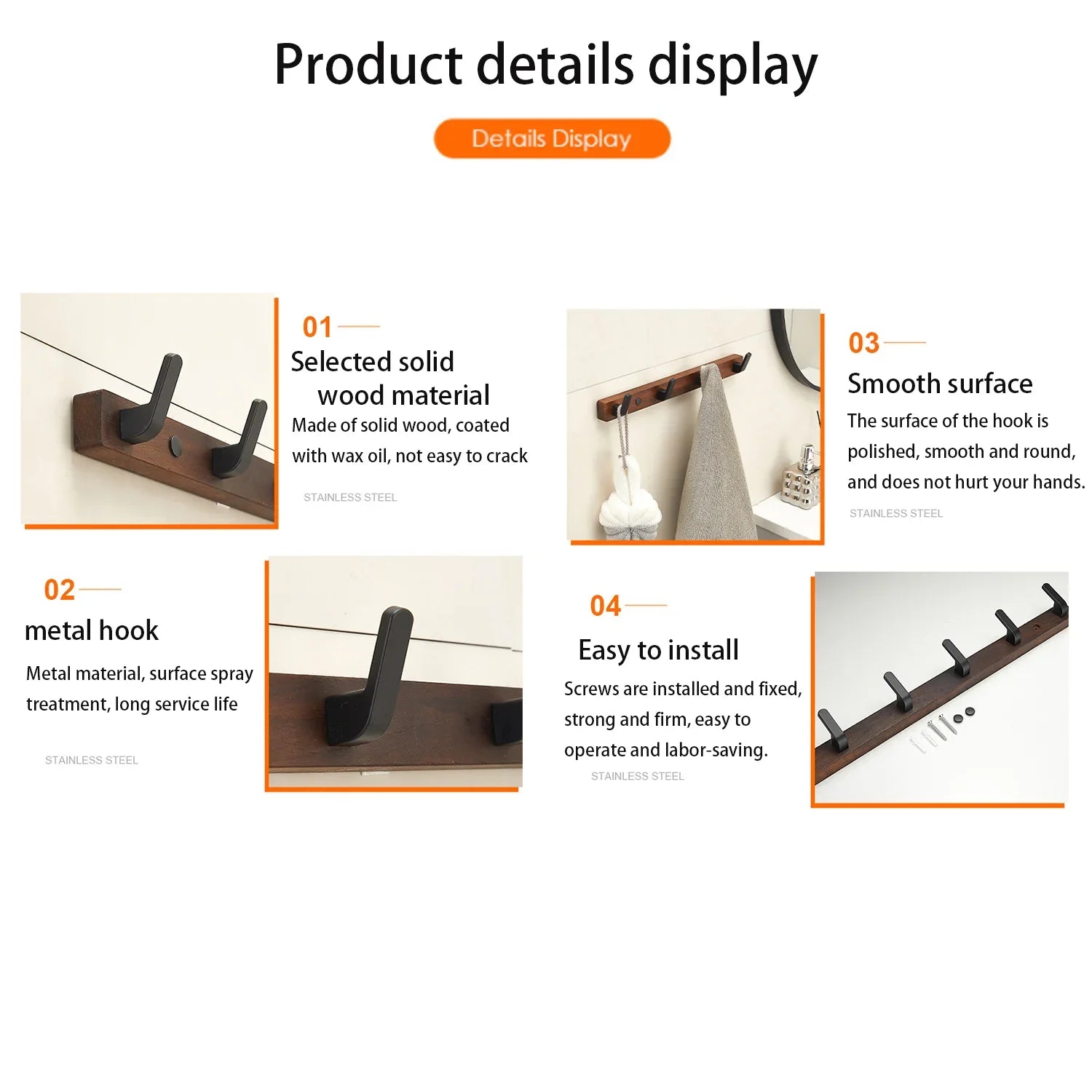 Coat Rack Wall Mount shelf Entryway Wall Hanger for Towels Wooden Coat Hooks Hook Storage Rack  for Bedroom Bathroom Kitchen