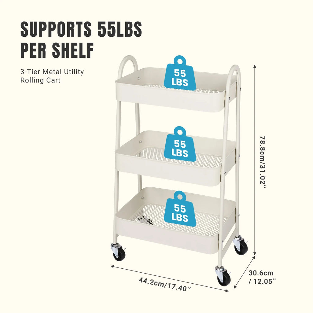 JHK 3 Tier Metal Storage Kitchen Cart with Lockable Wheels Mobile Shelving Unit Utility Rolling Organizer For Home Narrow Places