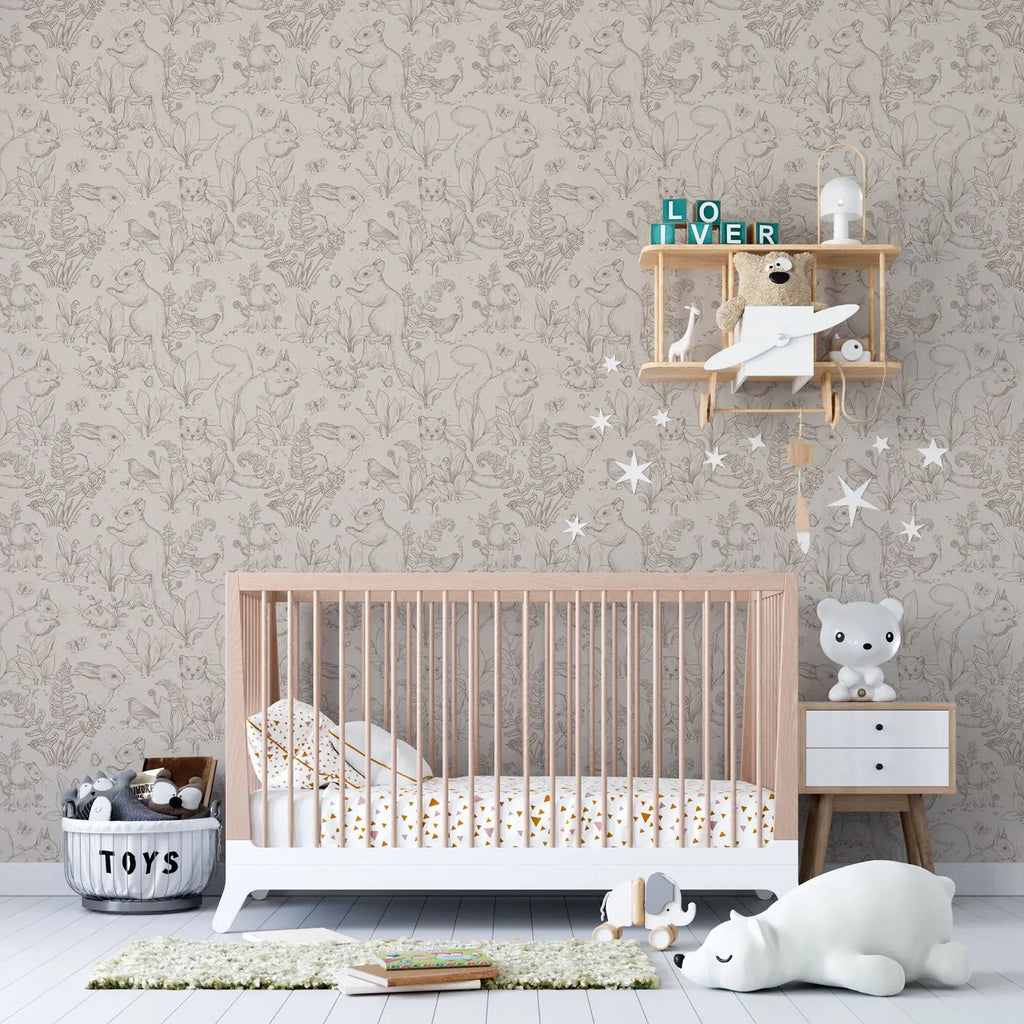 Forest Life wallpaper wallpaper. Beige Wallpaper with animals in forest style with Rabbit and little prairie dog