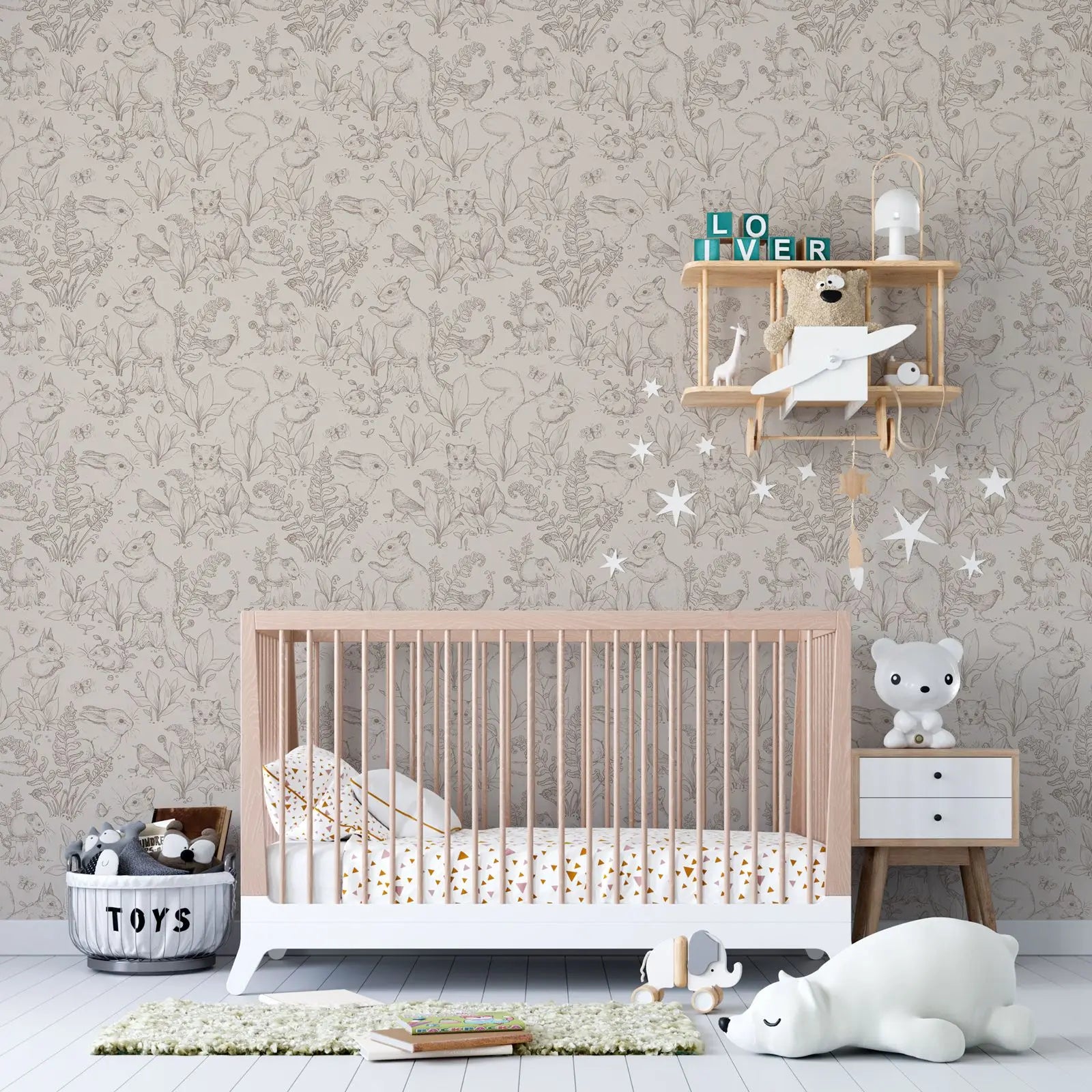 Forest Life wallpaper wallpaper. Beige Wallpaper with animals in forest style with Rabbit and little prairie dog