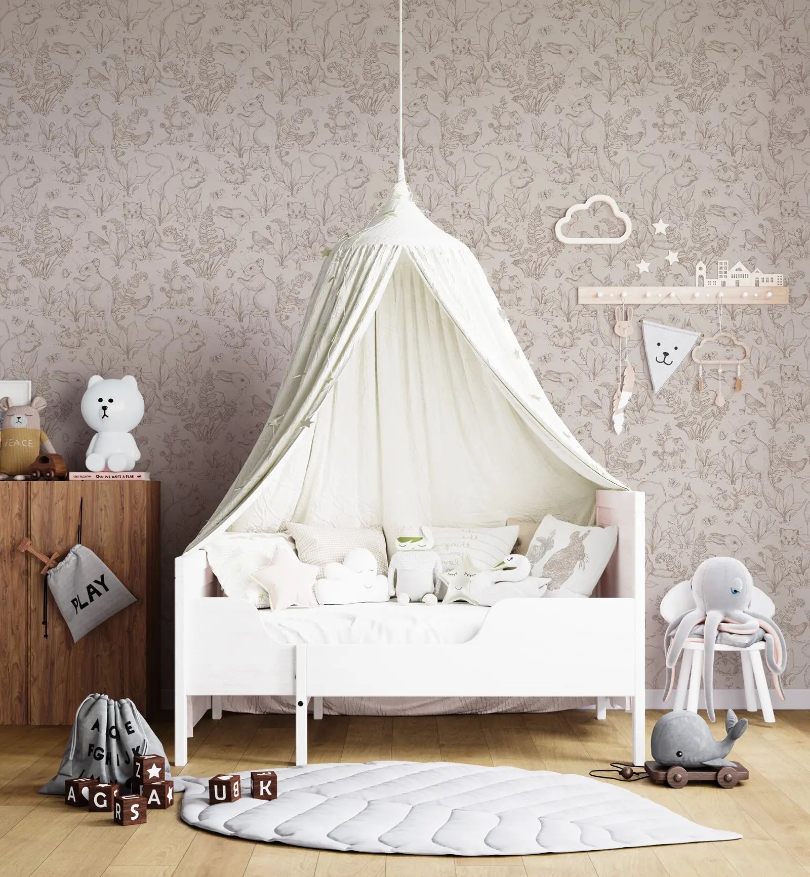 Forest Life wallpaper wallpaper. Beige Wallpaper with animals in forest style with Rabbit and little prairie dog